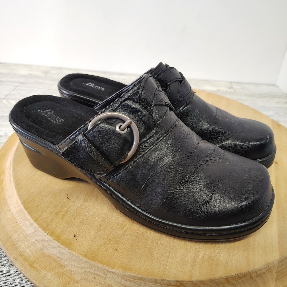 Bass Leather Mules Clogs Buckle Detail Slip-On Comfort Slides Black Womens 7.5M